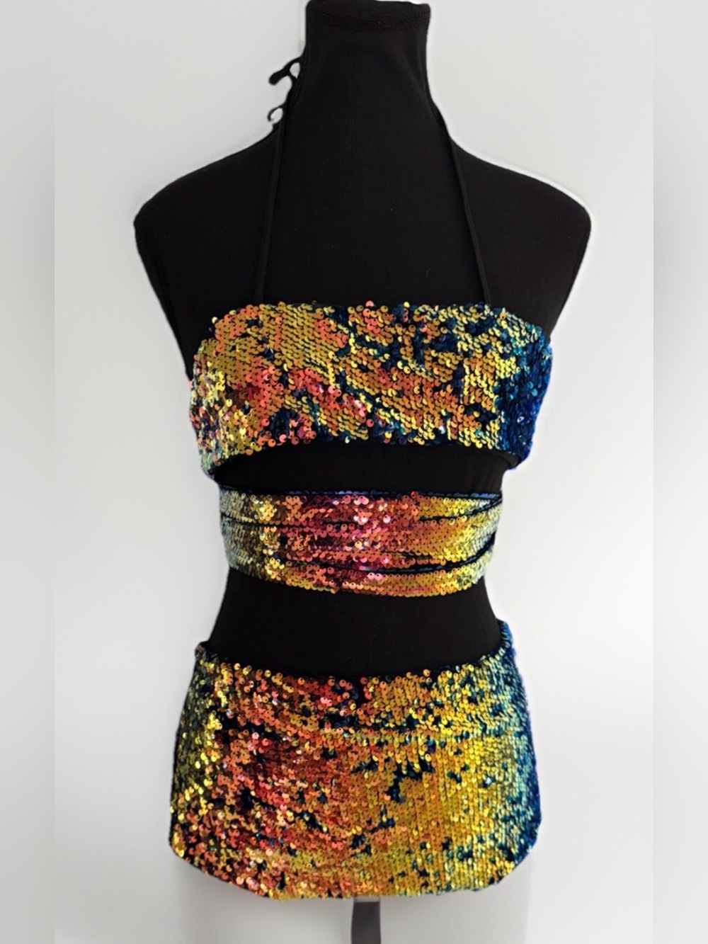 Clubexx Rainbow Sequin Rave Set ✨ Halter Top + Lace Up Bottoms Size M